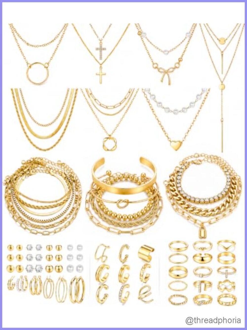 73 Pcs Gold Plated Jewelry Set for Women, Necklaces Bracelets Rings Earrings